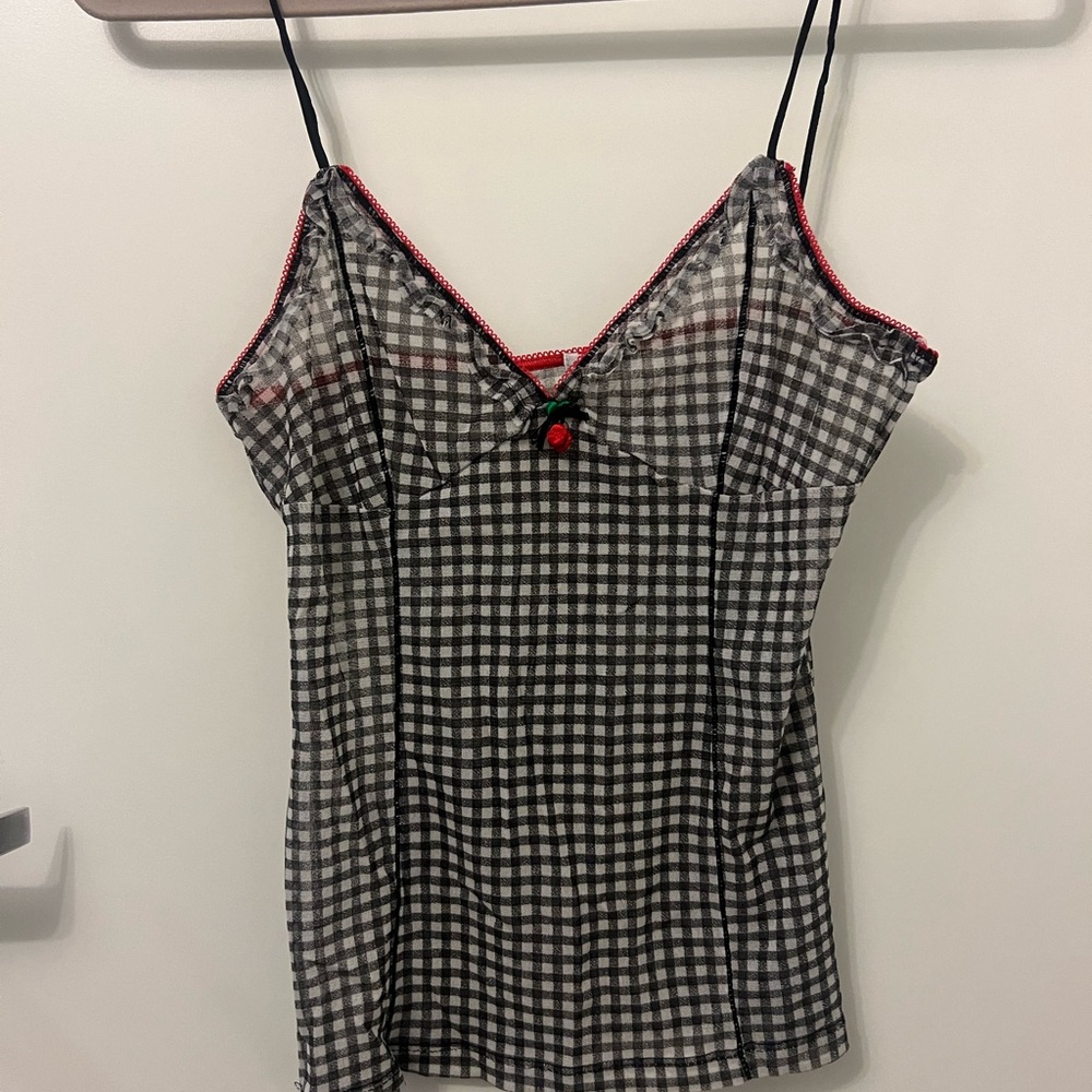 Chic Black and White Checkered Camisole with Red Accents